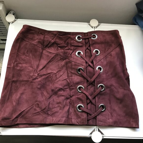 Parker Leather Mini Skirt Burgundy Lace Up Womens 6 - Picture 1 of 9